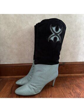 Vintage Johansen Boots Women’s 9M 70’s-80’s Teal Leather Black Suede Heels Disco